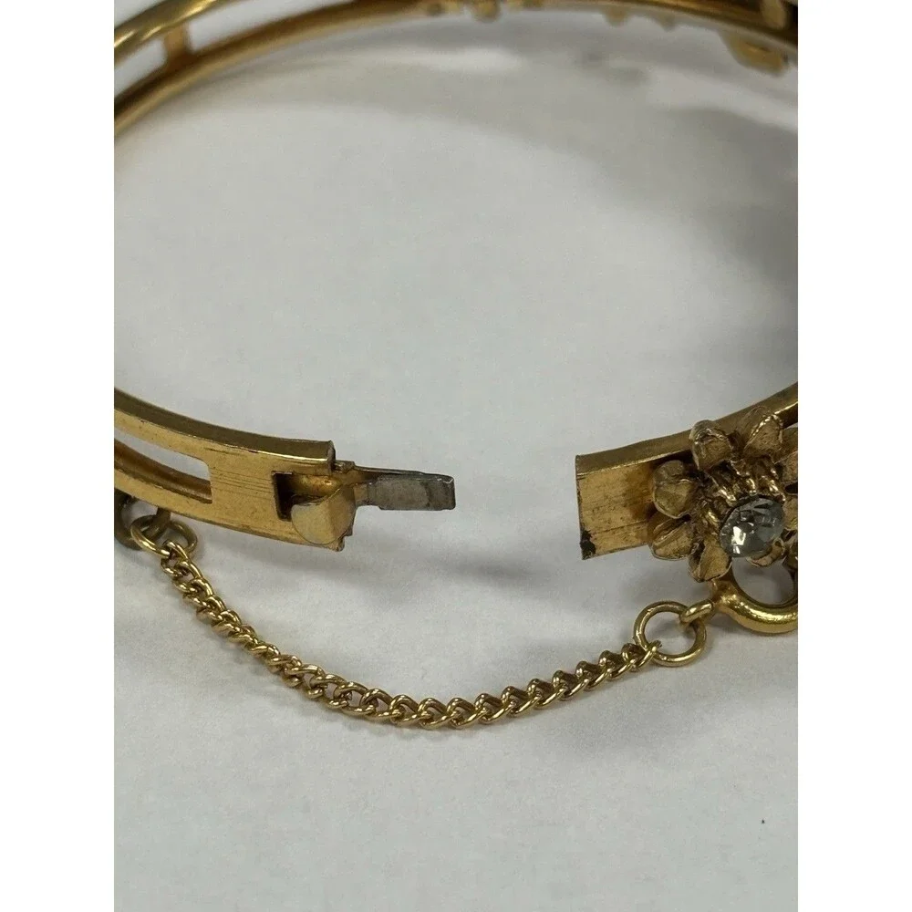 Rare Vintage Signed FLORENZA Floral Rhinestone Hinged Bangle Bracelet Gold HTF